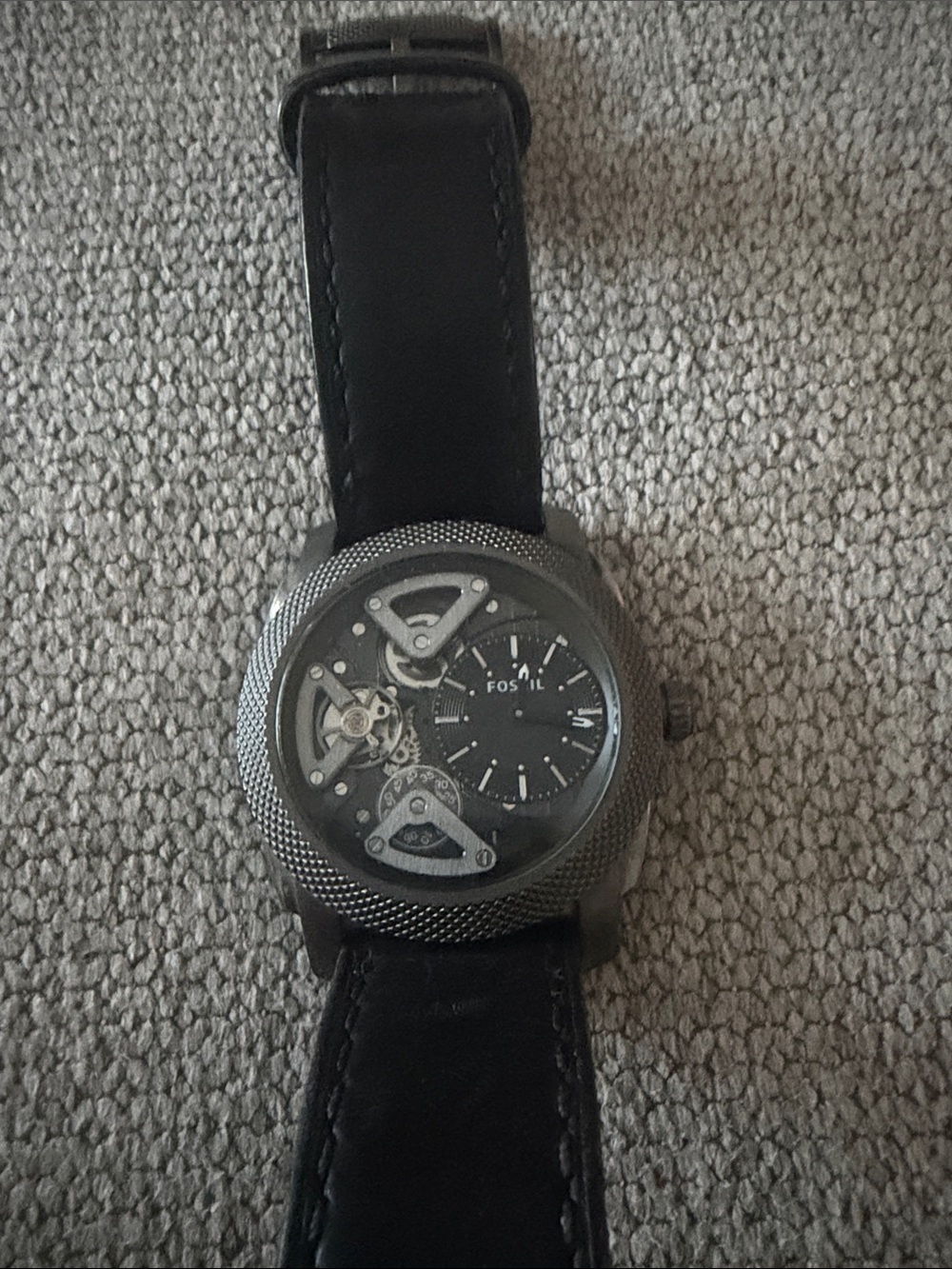 Fossil Men's Black Leather Skeleton Dial Watch
